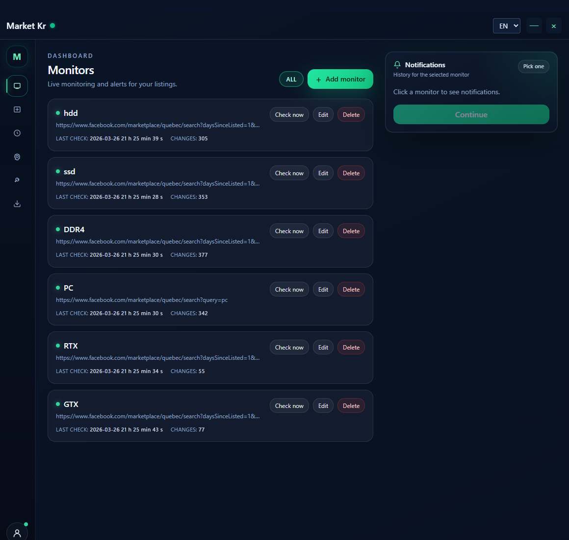 Market Kr — écran principal Monitors