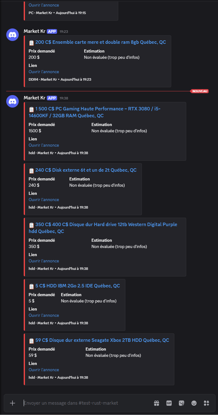 Capture d’écran Discord&nbsp;: notifications Market Kr avec les annonces et les liens