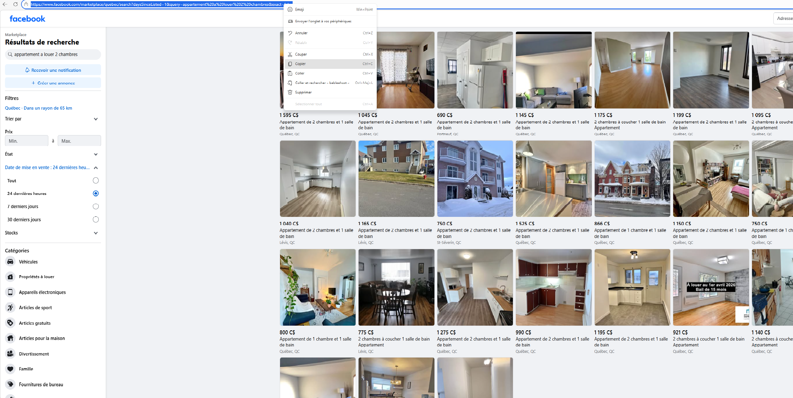 Exemple recherche appartements sur Marketplace